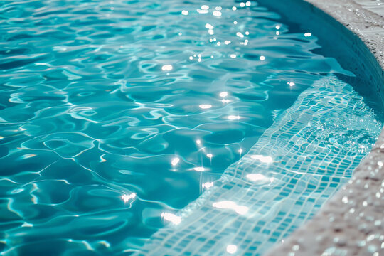 A calm, empty pool lane with soft light reflecting on the water surface